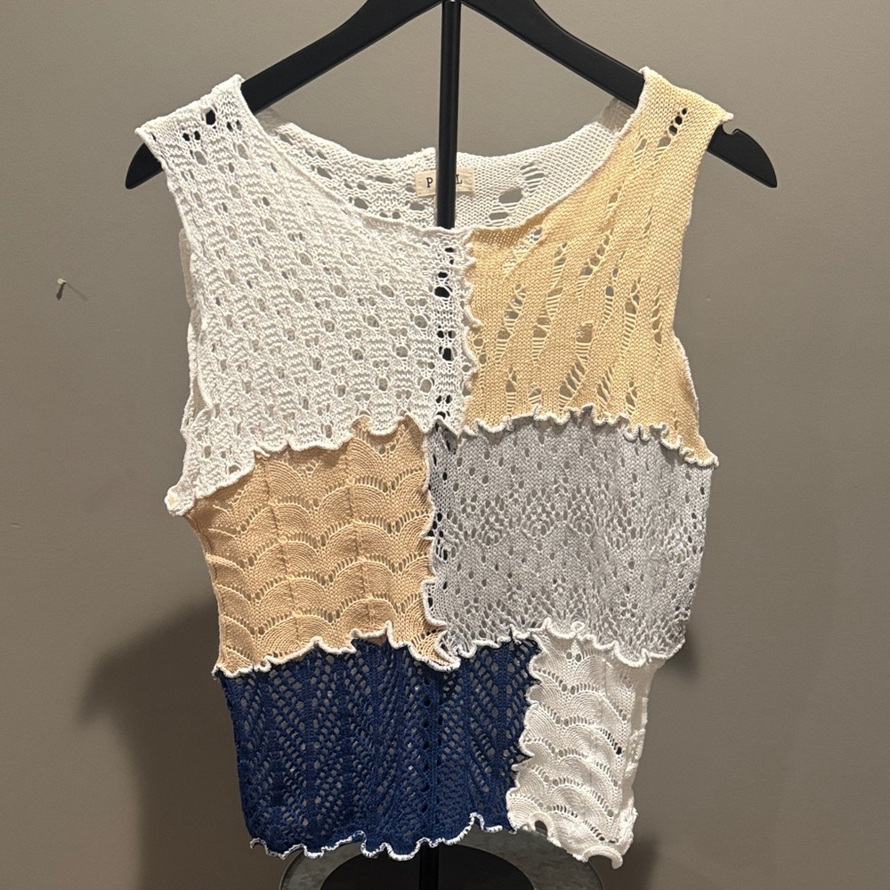 POL Patchwork Knit Tank Top - White, Cream, Gray, Blue